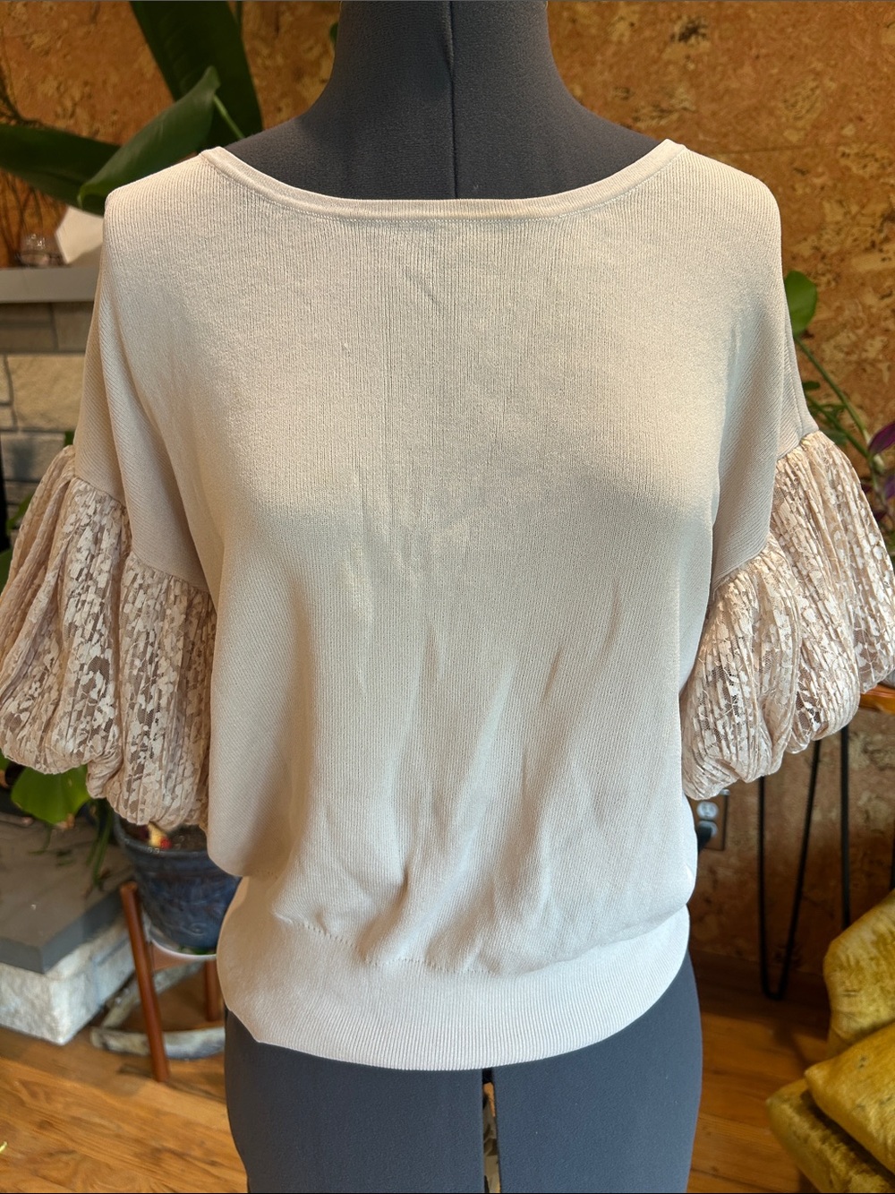 NWOTAGS Express Cream Knit Top with Lace Puff Sleeves